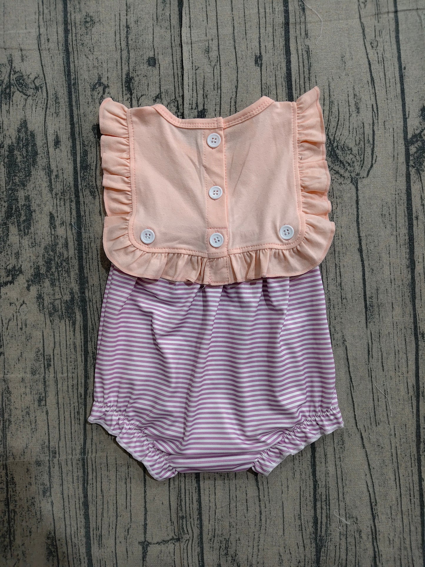 SR3941 Preorder Sample Baby Girl Sleeveless Lavender Stripe Ruffle Rompers