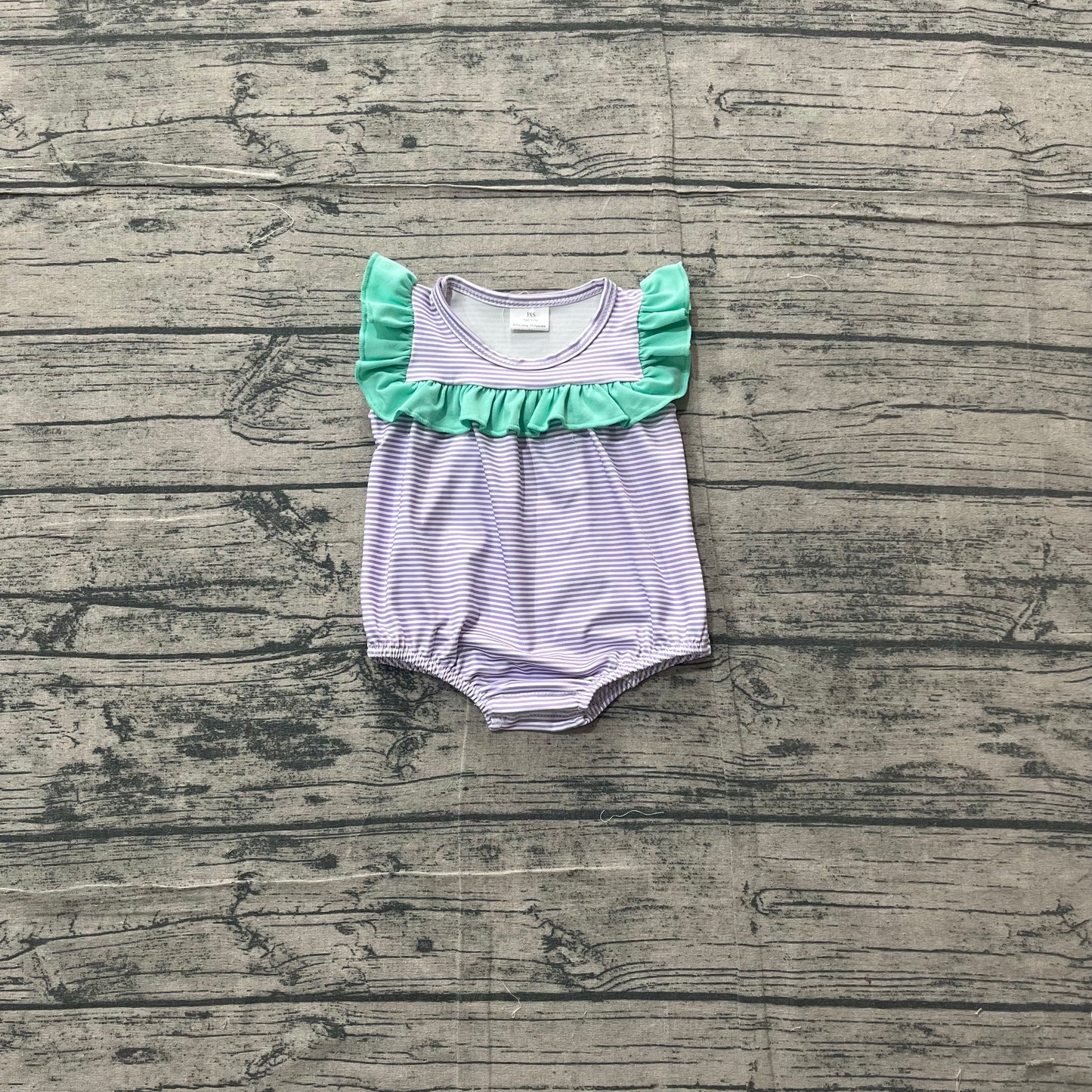 SR3942 Preorder Sample Baby Girl Sleeveless Purple Stripe Ruffle Rompers