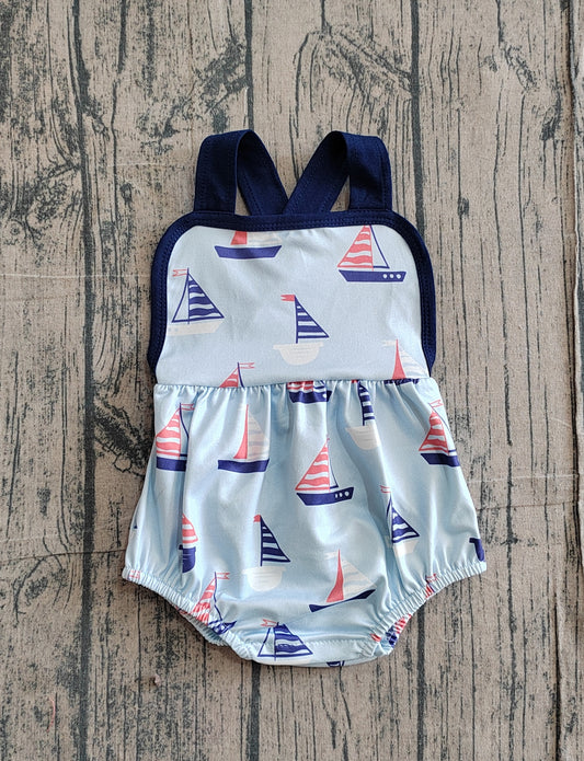 SR3945 Preorder Sample Baby Girl Strap Boats Plaid Ruffle Rompers