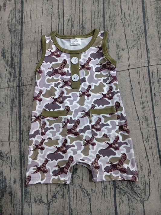 SR3946 Preorder Sample Baby Boy Southern Camo Ducks Button Pockets Hunting Rompers