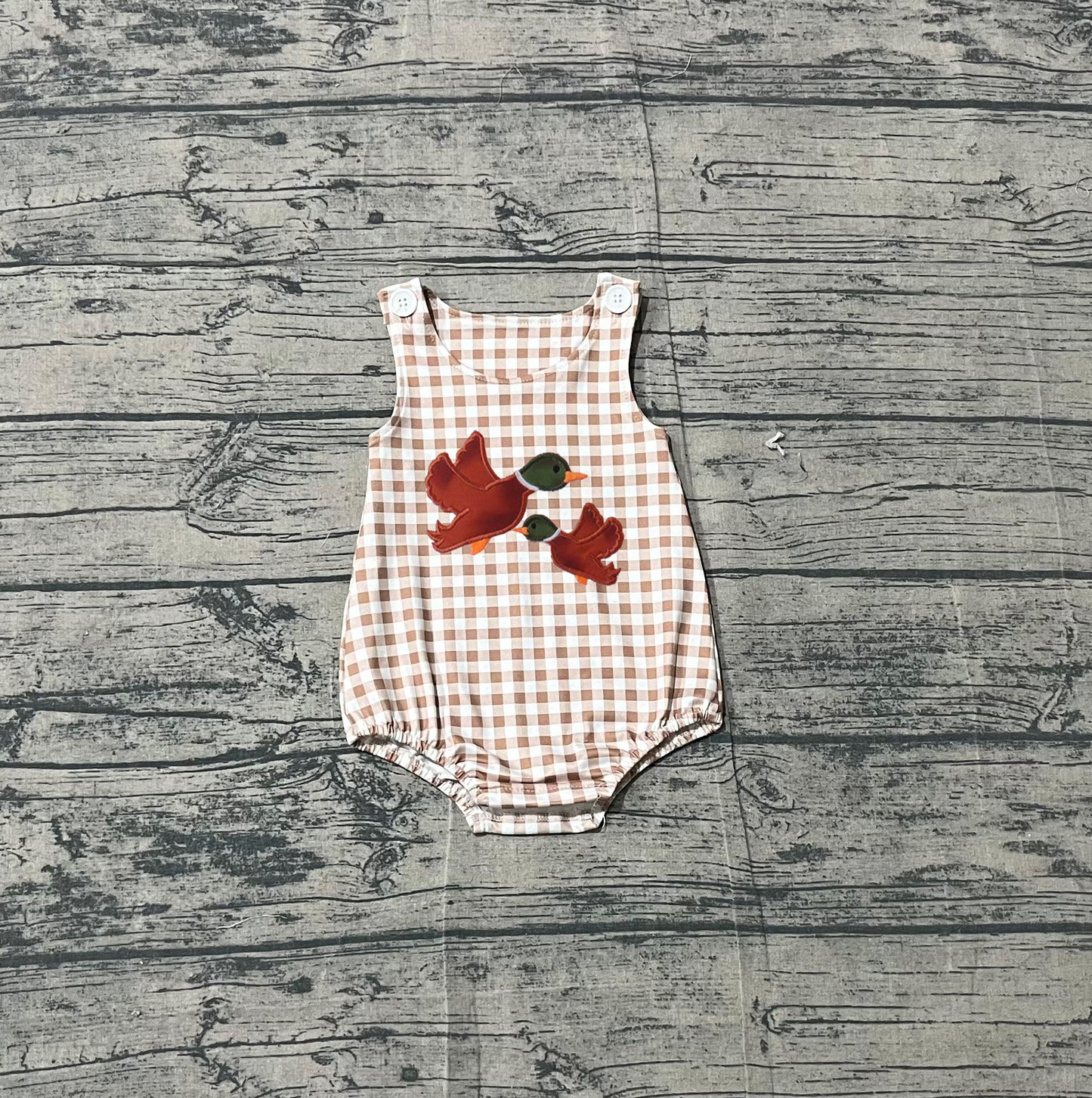 SR3958 Preorder Sample Baby Boy Embroidery Ducks Sleeveless Hunting Checked Rompers