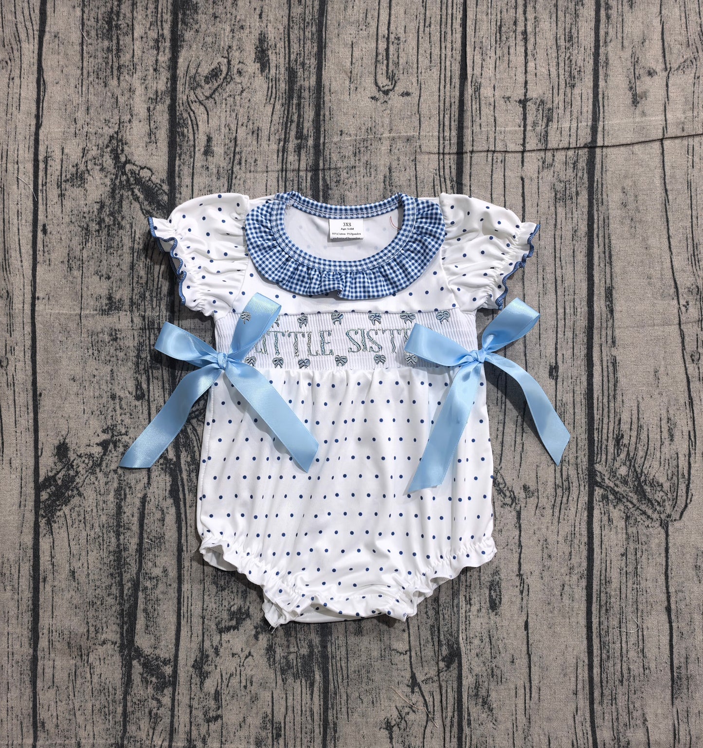 SR3981 Preorder Sample Baby Girl Short Sleeve Polka Dots Bows Little Sister Collar Ruffle Rompers