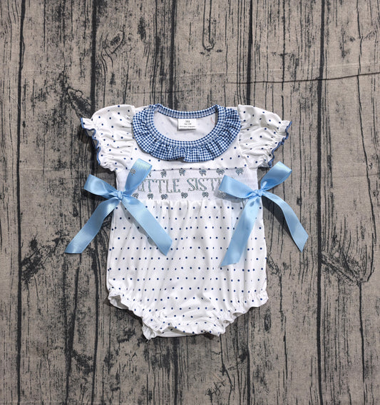 SR3981 Preorder Sample Baby Girl Short Sleeve Polka Dots Bows Little Sister Collar Ruffle Rompers