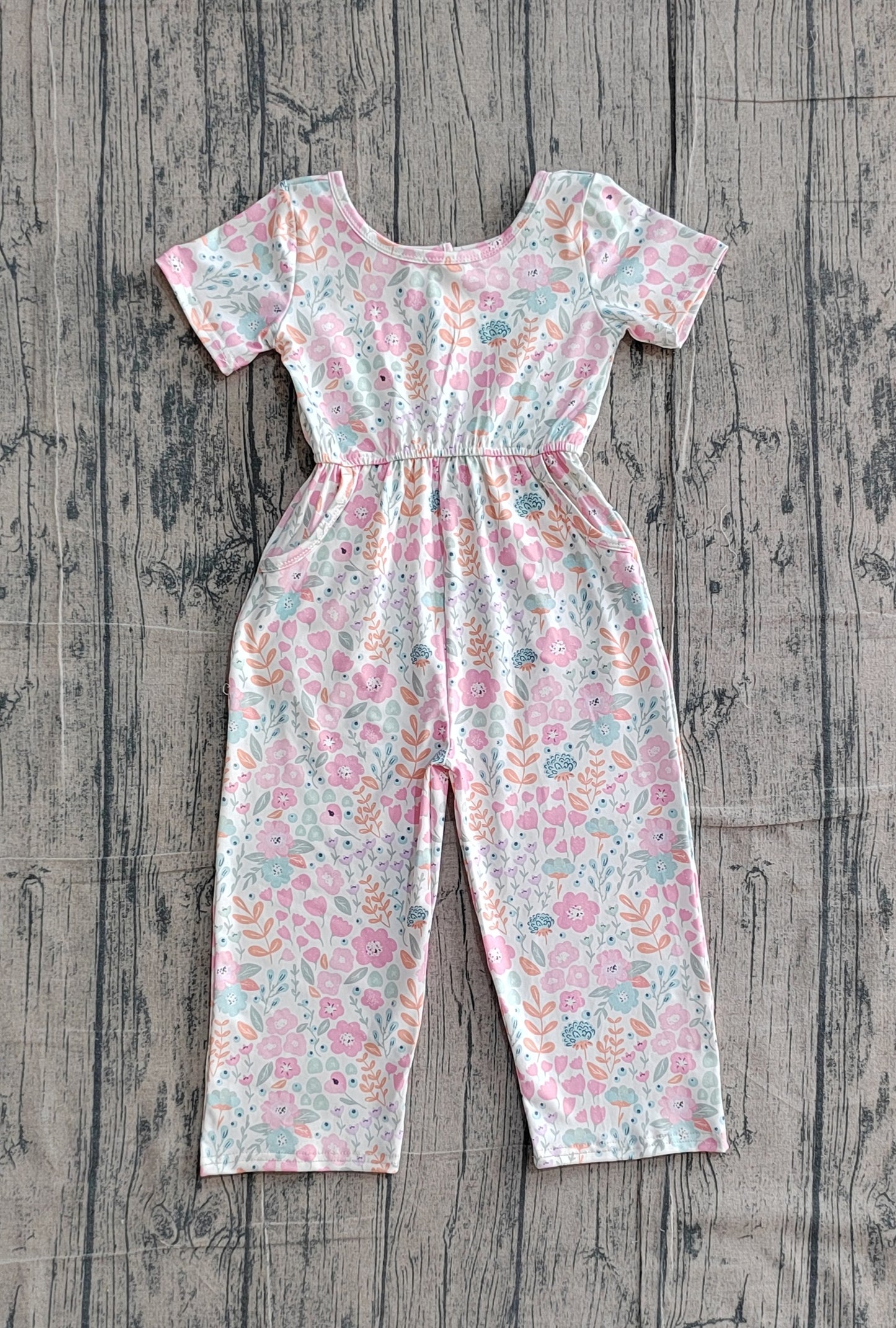 SR3987 Preorder Sample Baby Girl Short Sleeve Pink Flowers Pockets Jumpsuits