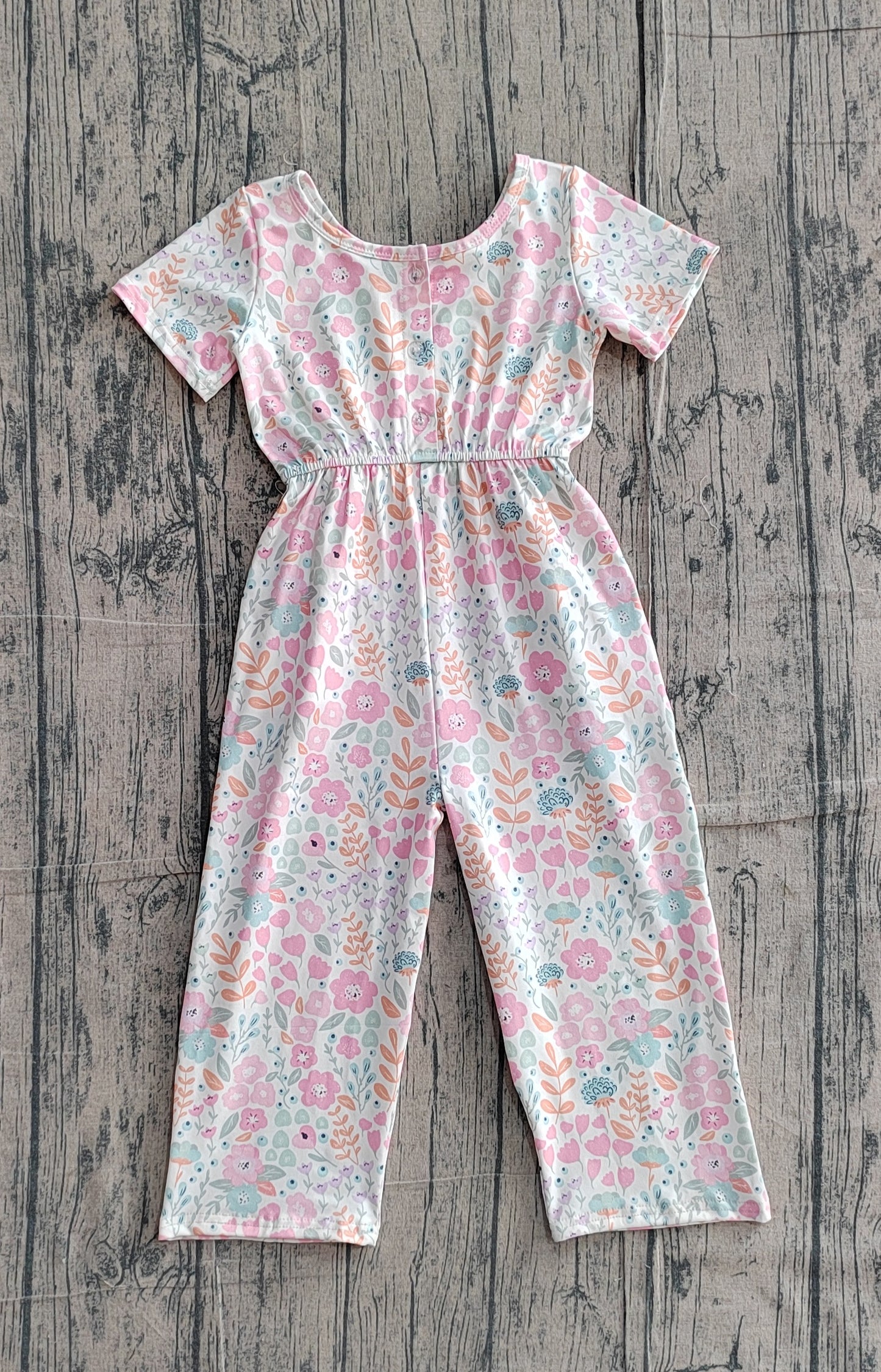SR3987 Preorder Sample Baby Girl Short Sleeve Pink Flowers Pockets Jumpsuits
