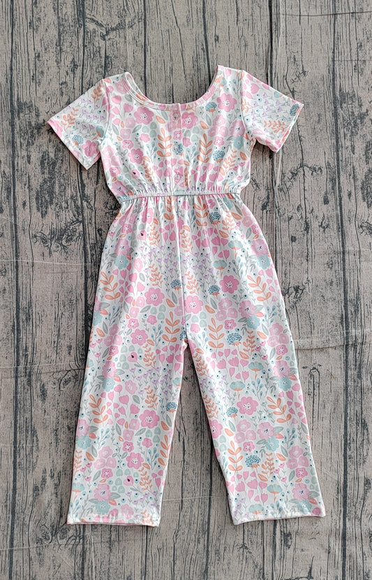 SR3987 Preorder Sample Baby Girl Short Sleeve Pink Flowers Pockets Jumpsuits