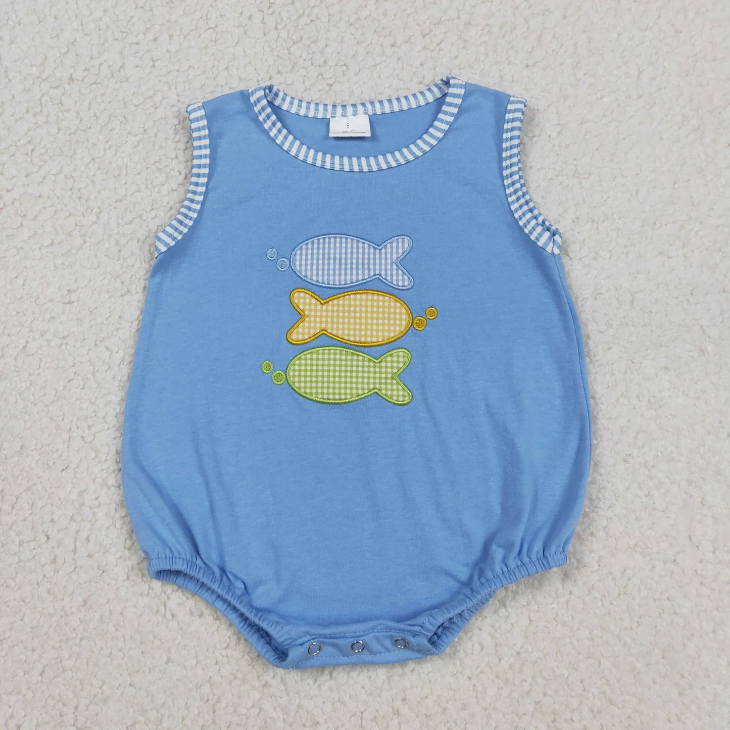 Baby Sibling Kids Embroidery Fishes Top Stripe Short Hunting Clothes Set Rompers