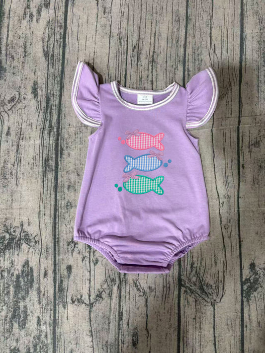 SR4006 Preorder Sample Baby Girl Embroidery Fishes Flutter Sleeve Hunting Ruffle Rompers