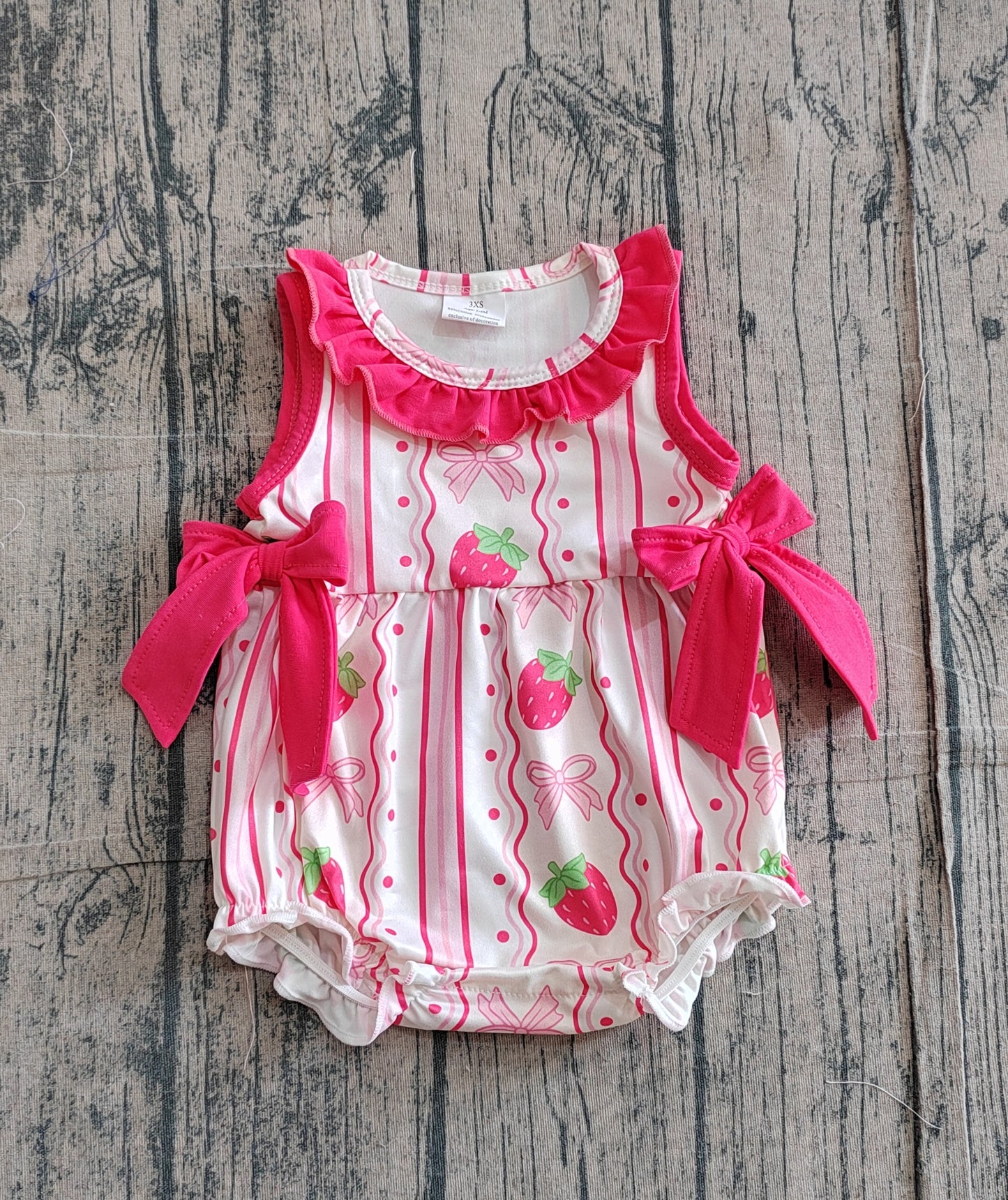 SR4011 Preorder Sample Baby Girl Strawberry Bows Stripe Collar Ruffle Rompers