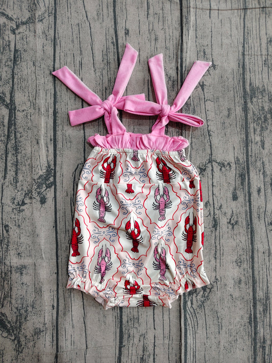 SR4032 Preorder Sample Baby Girl Strap Bows Crayfishes Checked Ruffle Rompers