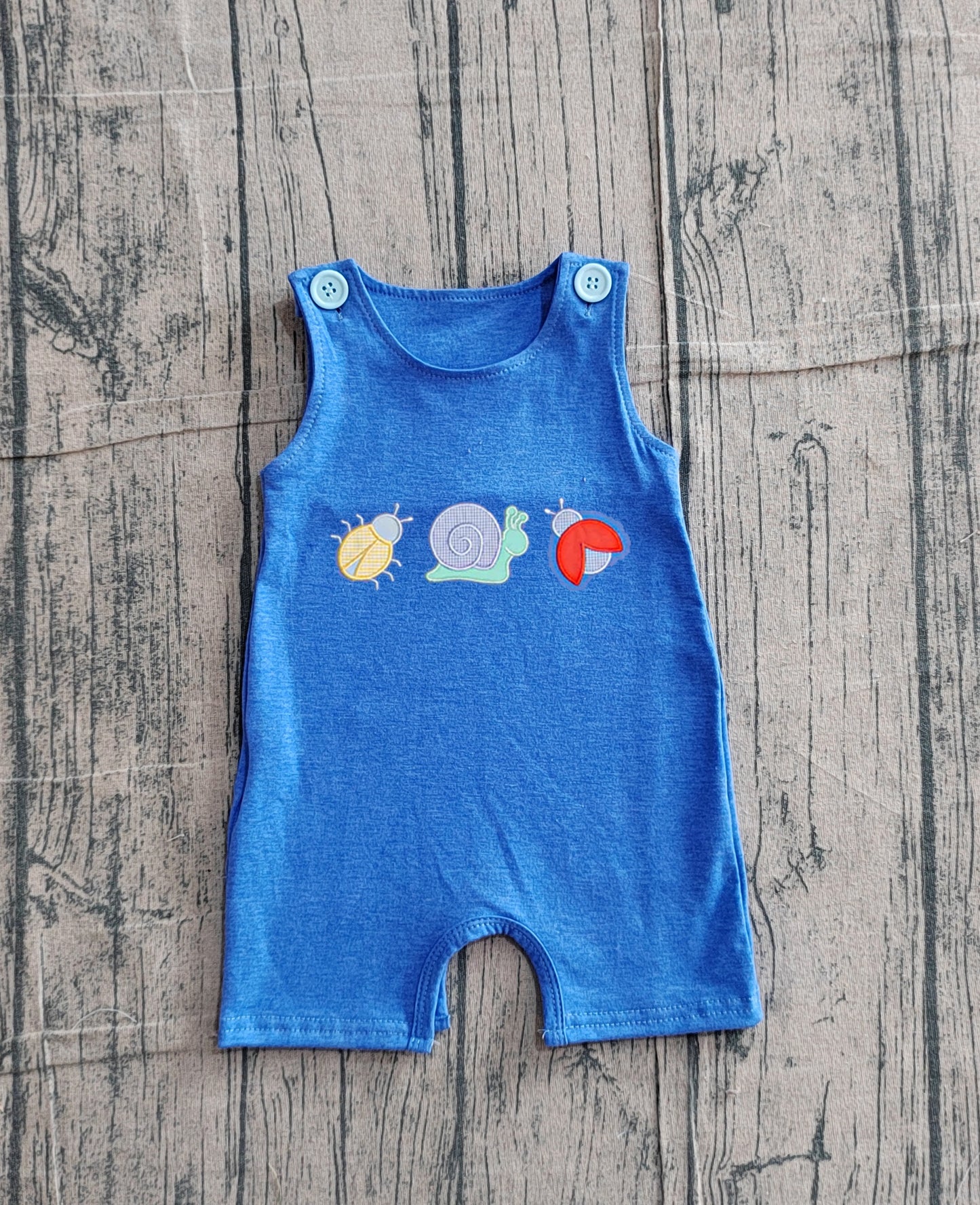 SR4036 Preorder Sample Embroidery Ladybirds Snails Baby Boy Blue Sleeveless Rompers