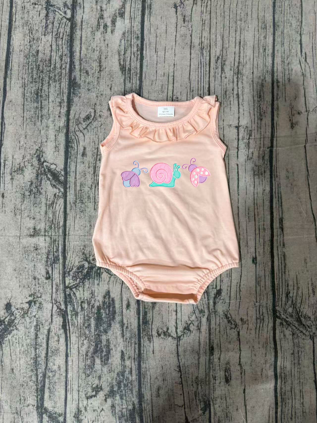 SR4037 Preorder Sample Baby Girl Embroidery Ladybirds Snails Ruffle Collar Rompers