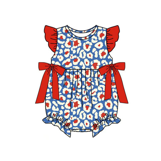 SR4045 Preorder Baby Girl Flutter Sleeve Red Blue Leopard 4th of July Ruffle Rompers