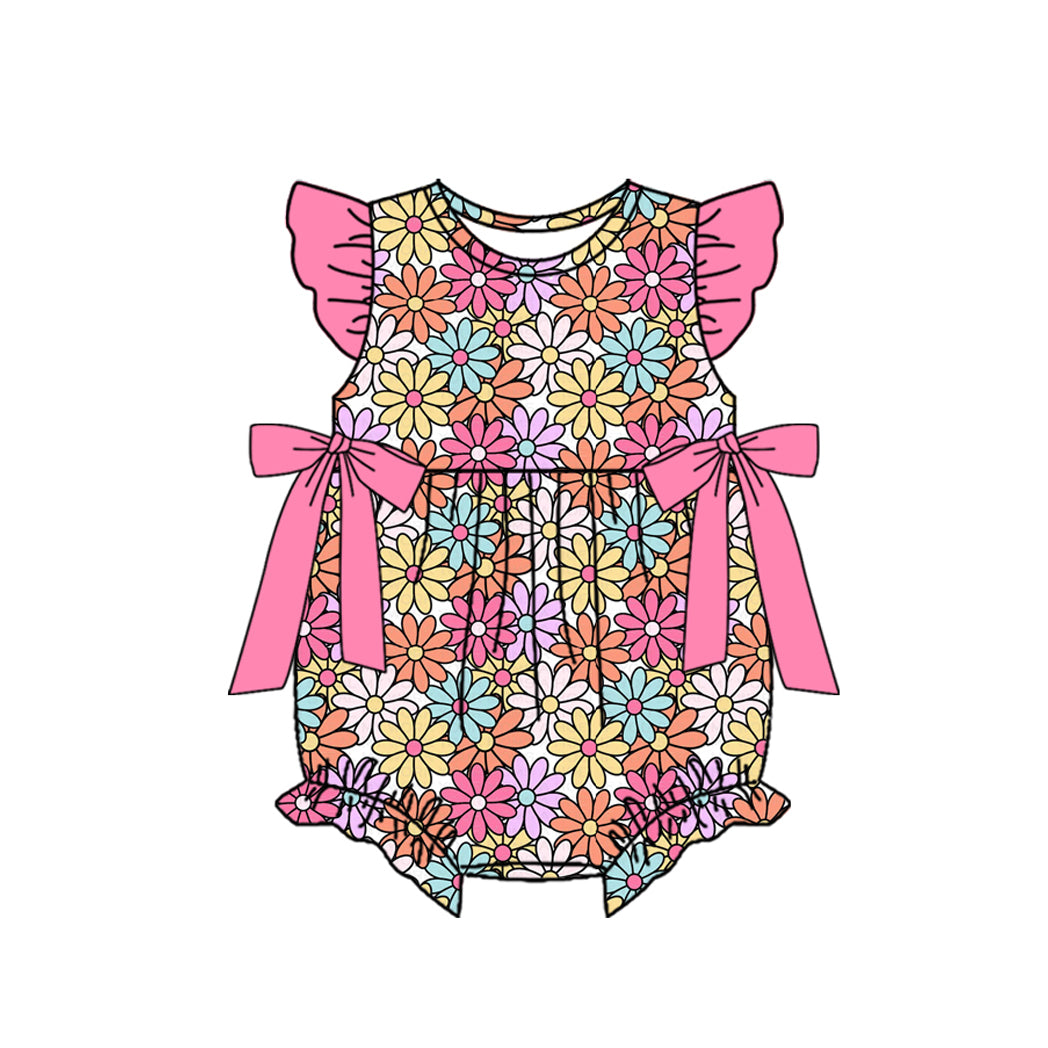 SR4049 Preorder Baby Girl Flutter Sleeve Colorful Daisy Flowers Ruffle Rompers