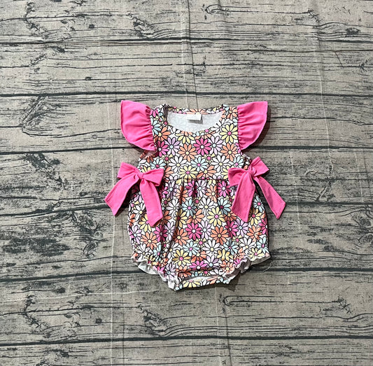 SR4049 Preorder Sample Baby Girl Flutter Sleeve Colorful Daisy Flowers Ruffle Rompers