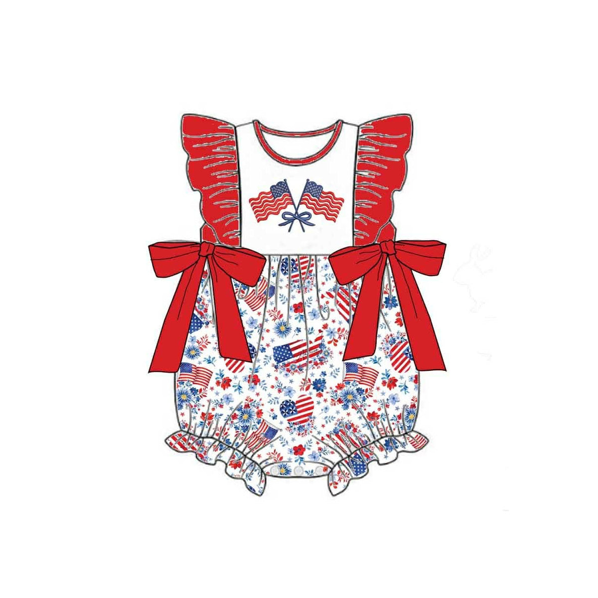 SR4050 Preorder Baby Girl Flutter Sleeve Bows Flags 4th of July Ruffle Rompers
