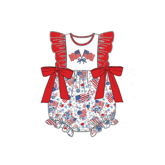 SR4050 Preorder Baby Girl Flutter Sleeve Bows Flags 4th of July Ruffle Rompers