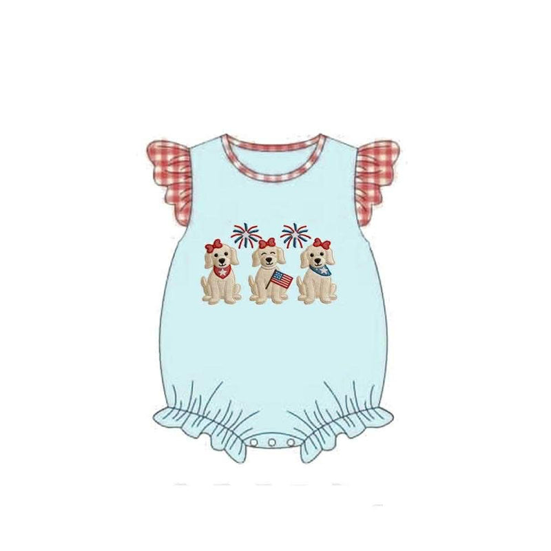SR4051 Preorder Baby Girl Flutter Sleeve Dogs Flags 4th of July Ruffle Rompers