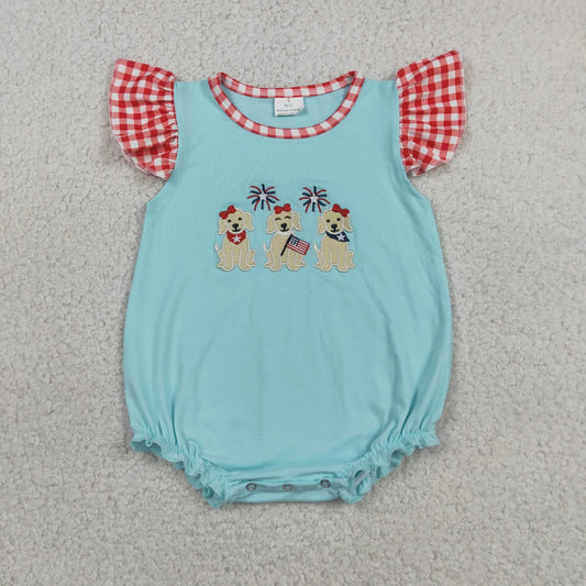 SR4051 Baby Girl Flutter Sleeve Dogs Flags 4th of July Ruffle Rompers