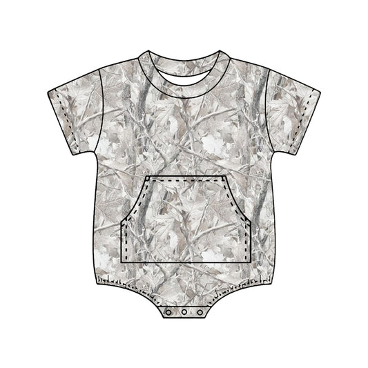 SR4055 Preorder Baby Boy Short Sleeve Southern Leaves Camo Pockets Rompers
