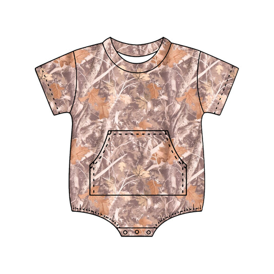 SR4056 Preorder Baby Boy Short Sleeve Southern Leaves Camo Pockets Rompers