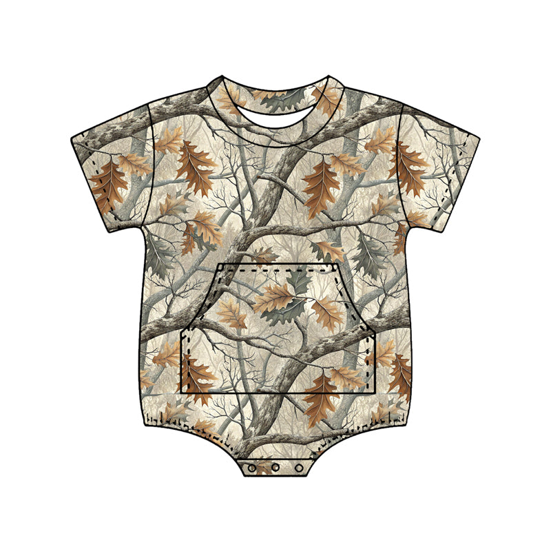 SR4060 Preorder Baby Boys Short Sleeve Southern Leaves Camo Pockets Rompers