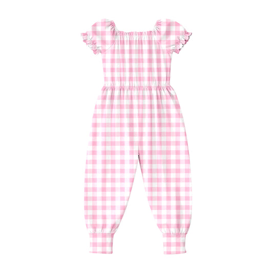 SR4061 Preorder Baby Girls Short Ruffle Sleeve Pink Checked Pant Jumpsuits