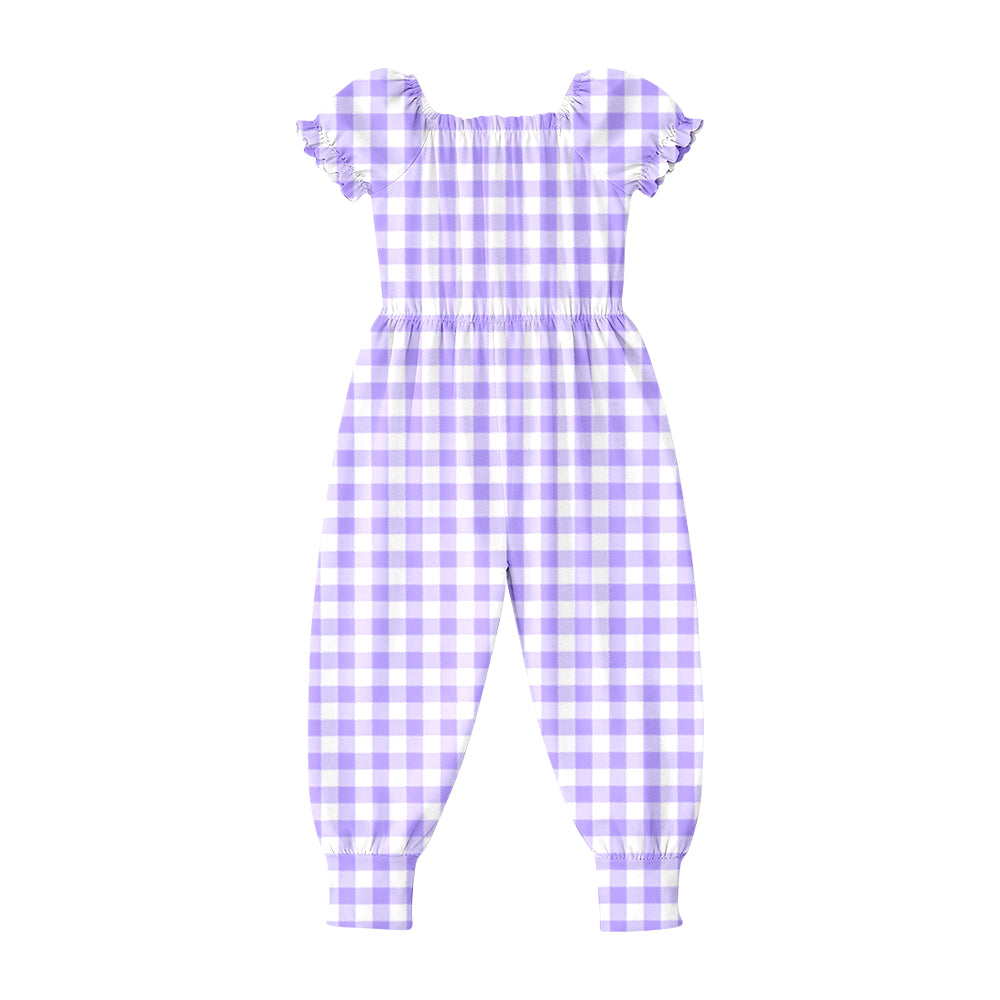 SR4062 Preorder Baby Girls Short Ruffle Sleeve Purple Checked Pant Jumpsuits