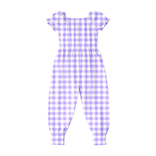 SR4062 Preorder Baby Girls Short Ruffle Sleeve Purple Checked Pant Jumpsuits