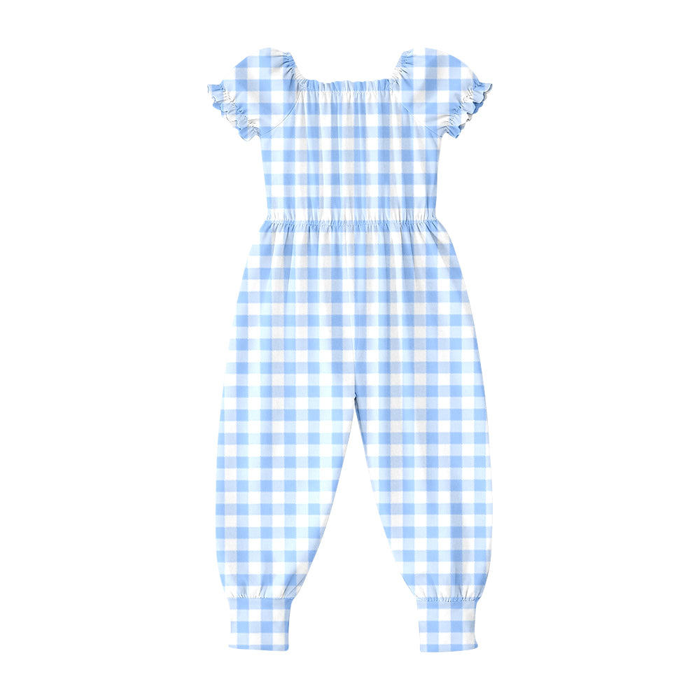 SR4063 Preorder Baby Girls Short Ruffle Sleeve Blue Checked Pant Jumpsuits
