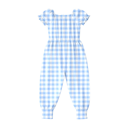 SR4063 Preorder Baby Girls Short Ruffle Sleeve Blue Checked Pant Jumpsuits