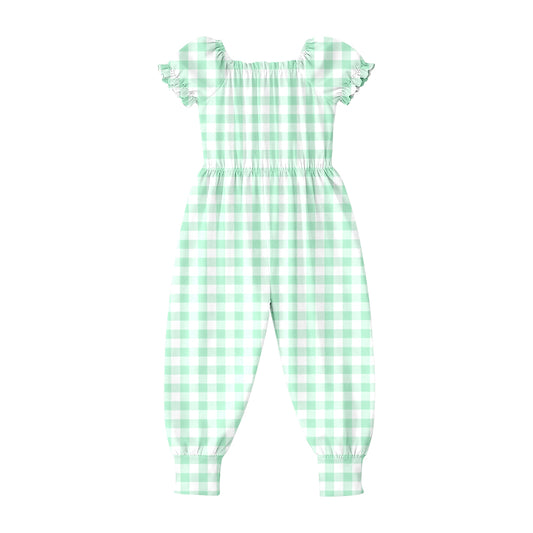 SR4064 Preorder Baby Girls Short Ruffle Sleeve Green Checked Pant Jumpsuits