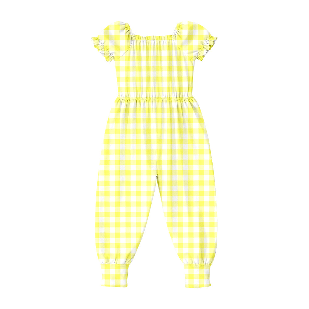 SR4065 Preorder Baby Girls Short Ruffle Sleeve Yellow Checked Pant Jumpsuits
