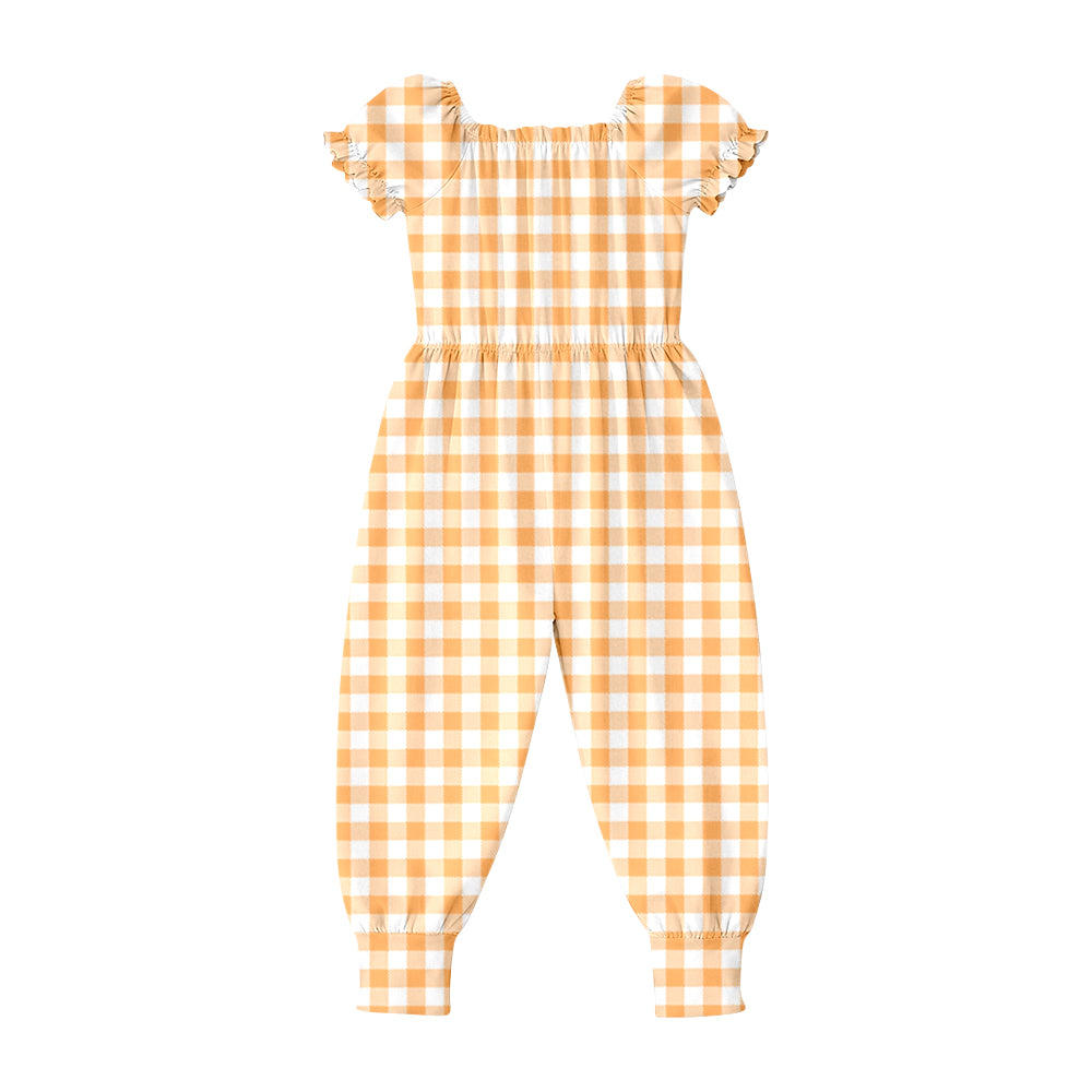 SR4066 Preorder Baby Girls Short Ruffle Sleeve Orange Checked Pant Jumpsuits