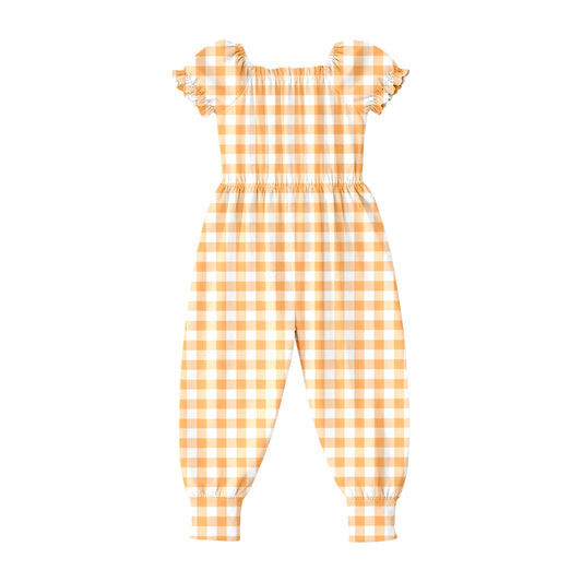 SR4066 Preorder Baby Girls Short Ruffle Sleeve Orange Checked Pant Jumpsuits