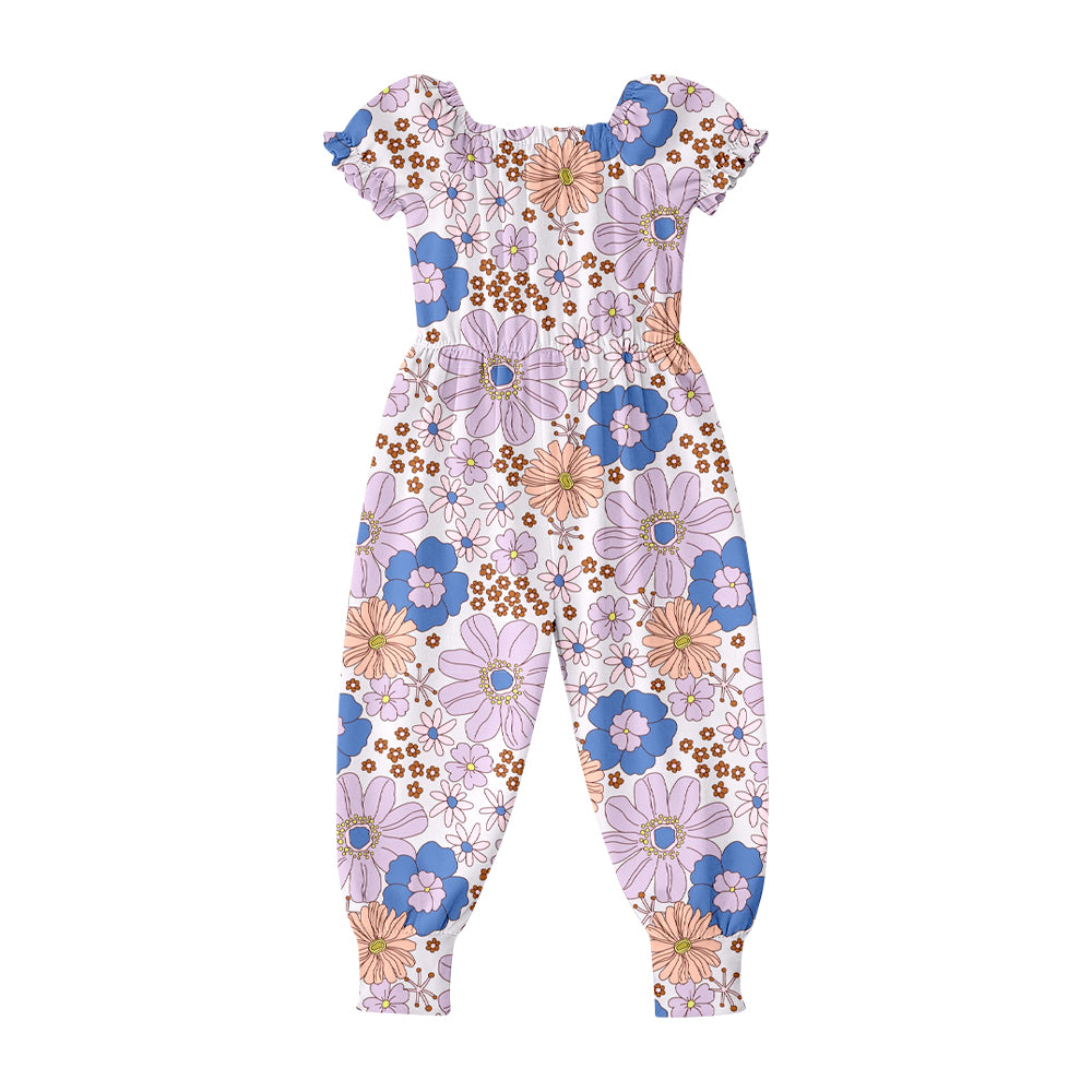 SR4069 Preorder Baby Girls Short Ruffle Sleeve Colorful Flowers Pant Jumpsuits