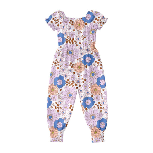 SR4069 Preorder Baby Girls Short Ruffle Sleeve Colorful Flowers Pant Jumpsuits