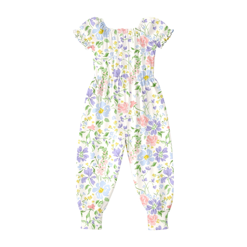 SR4070 Preorder Baby Girls Short Ruffle Sleeve Colorful Flowers Pant Jumpsuits