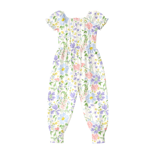 SR4070 Preorder Baby Girls Short Ruffle Sleeve Colorful Flowers Pant Jumpsuits