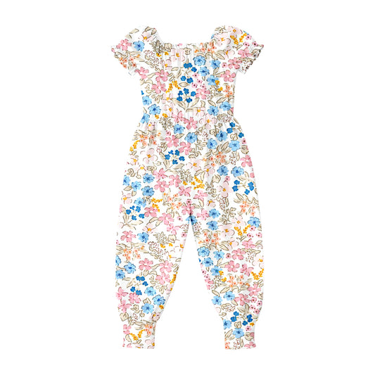 SR4071 Preorder Baby Girls Short Ruffle Sleeve Colorful Flowers Pant Jumpsuits