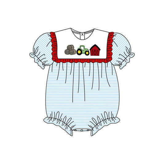 SR4074 Preorder Baby Girl Farm Truck House Stripe Ruffle Rompers