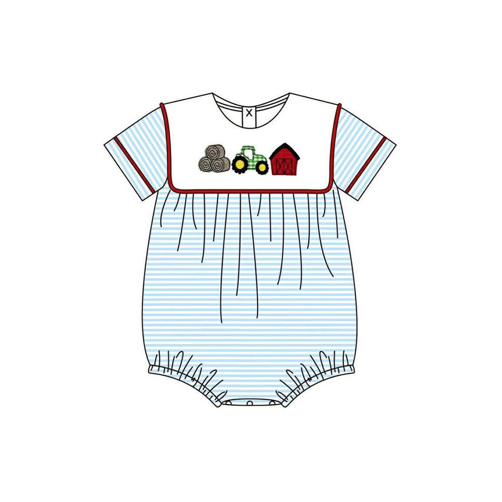 SR4075 Preorder Baby Boy Farm Truck House Stripe Rompers