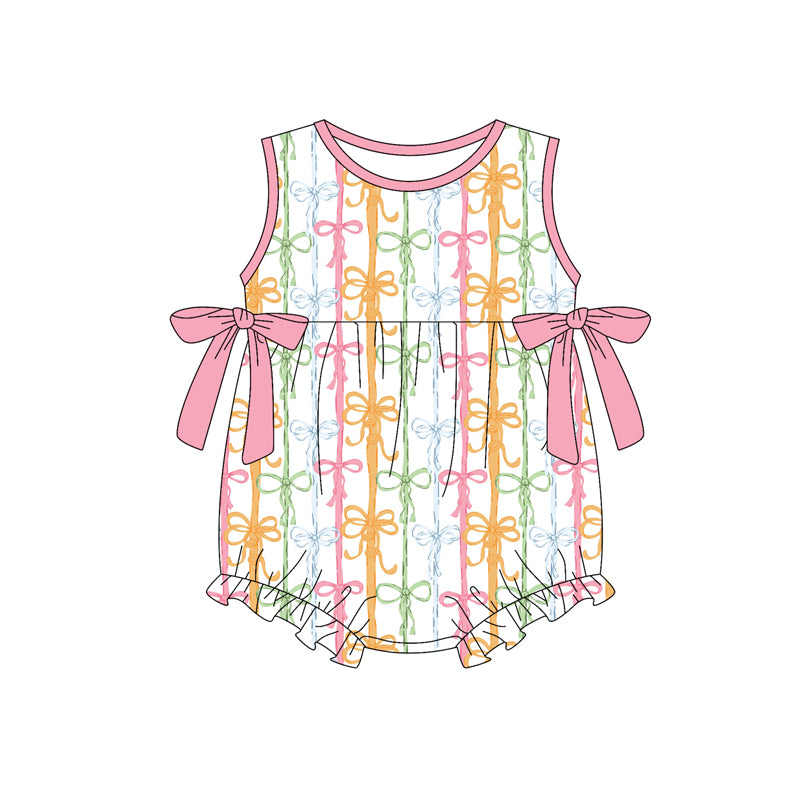 SR4076 Preorder Baby Girl Colorful Bows Stripe Ruffle Rompers