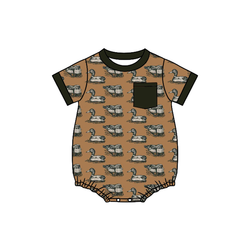 SR4077 Preorder Baby Boy Short Sleeve Ducks Pocket Hunting Rompers