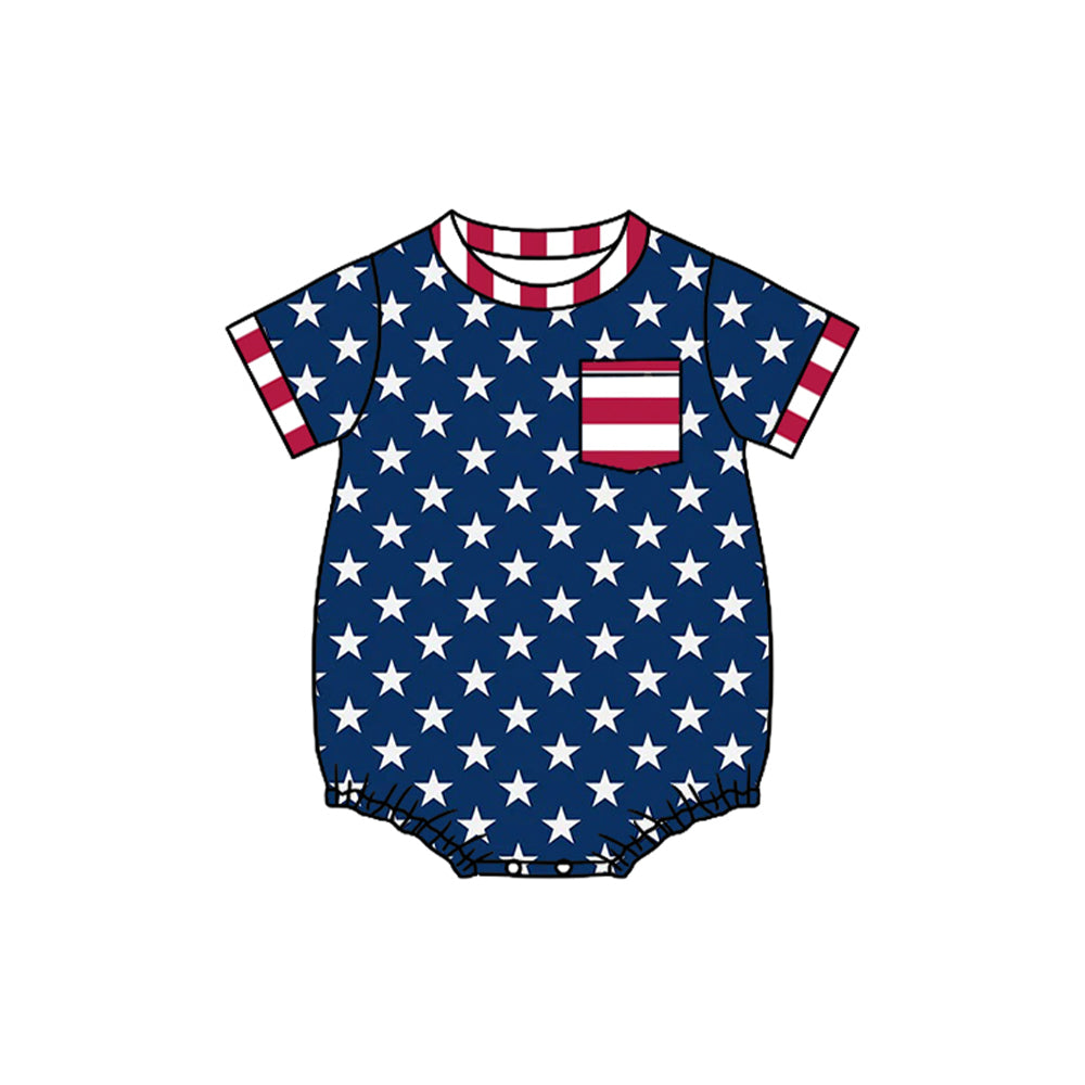 SR4078 Preorder Baby Boy Short Sleeve Stars Pocket 4th of July Rompers