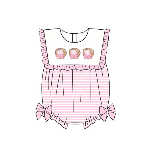 SR4080 Preorder Baby Girl Sleeveless Bows Baseballs Stripe Team Ruffle Rompers