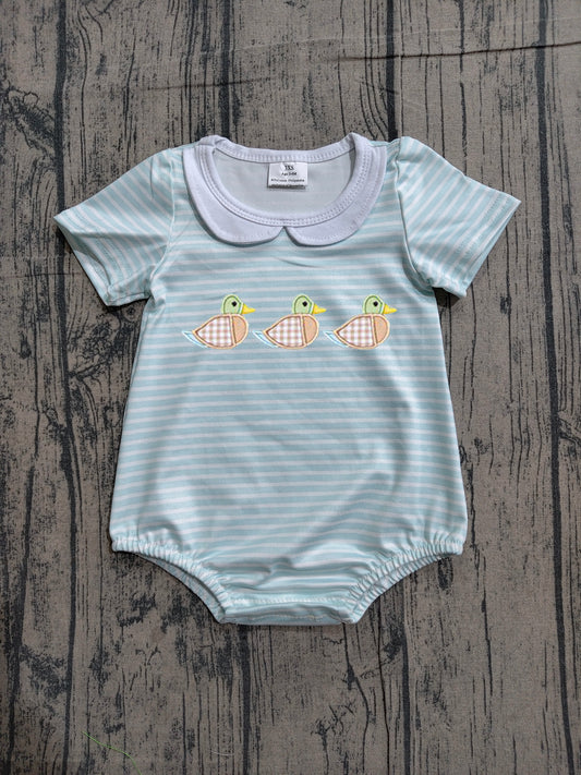 SR4081 Preorder Sample Embroidery Ducks Baby Boy Short Sleeve Collar Stripe Rompers