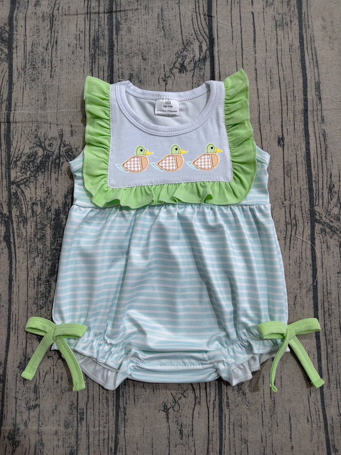 SR4082 Preorder Sample Baby Girl Sleeveless Embroidery Ducks Stripe Ruffle Rompers