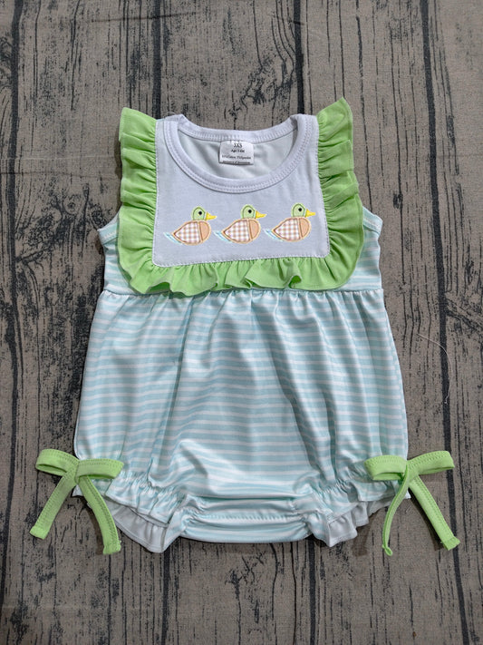 SR4082 Preorder Sample Baby Girl Sleeveless Embroidery Ducks Stripe Ruffle Rompers