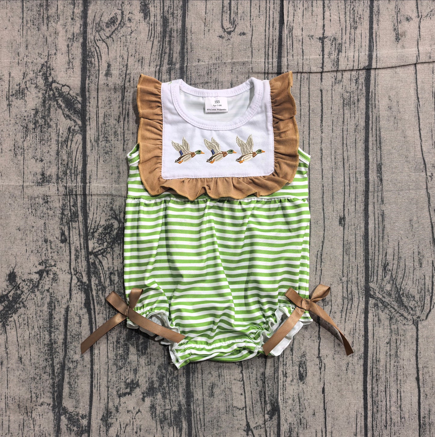 SR4084 Preorder Sample Baby Girl Sleeveless Ducks Stripe Ruffle Rompers